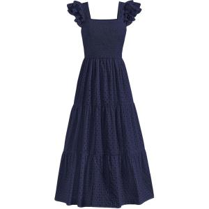 imagePRETTYGARDEN Womens Summer Square Neck Maxi Dresses Cap Sleeve Eyelet Smocked Tiered A Line Flowy Long Dress with PocketsNavy