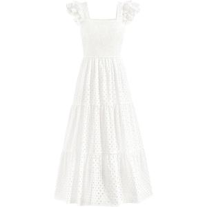 imagePRETTYGARDEN Womens Summer Square Neck Maxi Dresses Cap Sleeve Eyelet Smocked Tiered A Line Flowy Long Dress with PocketsWhite