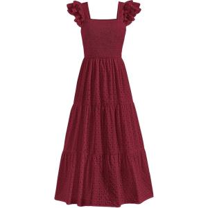 imagePRETTYGARDEN Womens Summer Square Neck Maxi Dresses Cap Sleeve Eyelet Smocked Tiered A Line Flowy Long Dress with PocketsWine Red
