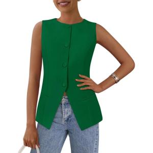 imagePRETTYGARDEN Womens Summer Suit Vest Tops 2025 Dressy Business Casual Sleeveless Button Down Trendy Fashion Blazer WaistcoatGreen