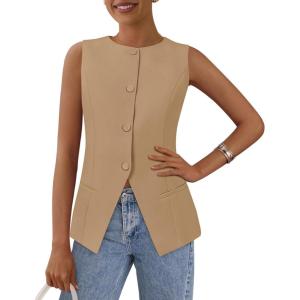 imagePRETTYGARDEN Womens Summer Suit Vest Tops 2025 Dressy Business Casual Sleeveless Button Down Trendy Fashion Blazer WaistcoatLight Khaki