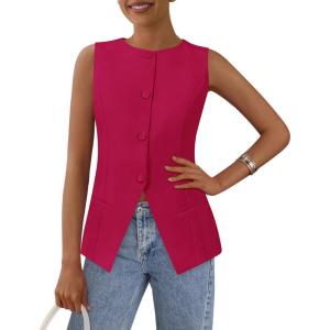 imagePRETTYGARDEN Womens Summer Suit Vest Tops 2025 Dressy Business Casual Sleeveless Button Down Trendy Fashion Blazer WaistcoatMagenta