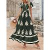 imagePRETTYGARDEN Womens 2025 Summer Casual V Neck Boho Maxi Dress Flowy Aline Bell Sleeve Tiered Floral Dresses with PocketFloral Army Green White