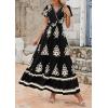 imagePRETTYGARDEN Womens 2025 Summer Casual V Neck Boho Maxi Dress Flowy Aline Bell Sleeve Tiered Floral Dresses with PocketFloral Black Apricot