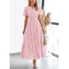 imagePRETTYGARDEN Womens 2025 Summer Maxi Dress Short Sleeve V Neck Hollow Out Eyelet A Line Long Flowy Beach Vacation DressesPink