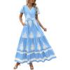 imagePRETTYGARDEN Womens 2025 Summer Casual V Neck Boho Maxi Dress Flowy Aline Bell Sleeve Tiered Floral Dresses with PocketFloral Sky Blue White
