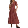 imagePRETTYGARDEN Womens 2025 Summer Maxi Dress Short Sleeve V Neck Hollow Out Eyelet A Line Long Flowy Beach Vacation DressesBrown Red