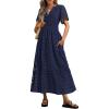 imagePRETTYGARDEN Womens 2025 Summer Maxi Dress Short Sleeve V Neck Hollow Out Eyelet A Line Long Flowy Beach Vacation DressesNavy