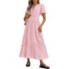 imagePRETTYGARDEN Womens 2025 Summer Maxi Dress Short Sleeve V Neck Hollow Out Eyelet A Line Long Flowy Beach Vacation DressesPink