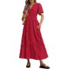 imagePRETTYGARDEN Womens 2025 Summer Maxi Dress Short Sleeve V Neck Hollow Out Eyelet A Line Long Flowy Beach Vacation DressesRed