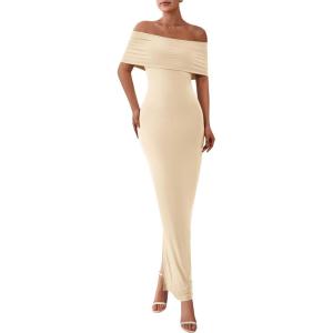 imagePRETTYGARDEN Off The Shoulder Dresses for Women 2025 Summer Elegant Bodycon Formal Cocktail Party Evening Maxi Long DressApricot