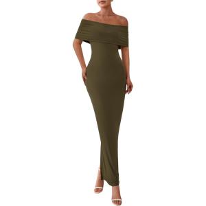 imagePRETTYGARDEN Off The Shoulder Dresses for Women 2025 Summer Elegant Bodycon Formal Cocktail Party Evening Maxi Long DressArmy Green