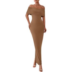 imagePRETTYGARDEN Off The Shoulder Dresses for Women 2025 Summer Elegant Bodycon Formal Cocktail Party Evening Maxi Long DressDark Khaki