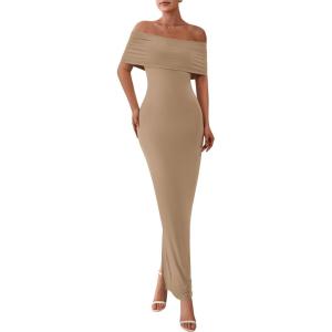 imagePRETTYGARDEN Off The Shoulder Dresses for Women 2025 Summer Elegant Bodycon Formal Cocktail Party Evening Maxi Long DressLight Khaki