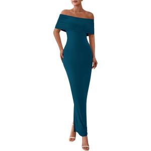 imagePRETTYGARDEN Off The Shoulder Dresses for Women 2025 Summer Elegant Bodycon Formal Cocktail Party Evening Maxi Long DressPeacock Blue