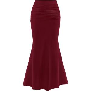 imagePRETTYGARDEN Women Fitted Mesh Mermaid Skirt 2025 Spring Summer Casual High Waisted Ruched Maxi Long Bodycon Going Out SkirtsWine Red