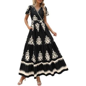 imagePRETTYGARDEN Womens 2025 Summer Casual V Neck Boho Maxi Dress Flowy Aline Bell Sleeve Tiered Floral Dresses with PocketFloral Black Apricot