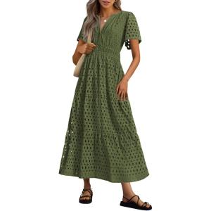 imagePRETTYGARDEN Womens 2025 Summer Maxi Dress Short Sleeve V Neck Hollow Out Eyelet A Line Long Flowy Beach Vacation DressesArmy Green