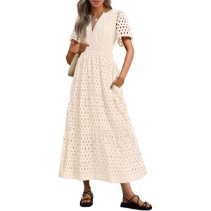 imagePRETTYGARDEN Womens 2025 Summer Maxi Dress Short Sleeve V Neck Hollow Out Eyelet A Line Long Flowy Beach Vacation DressesBeige