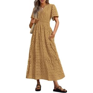 imagePRETTYGARDEN Womens 2025 Summer Maxi Dress Short Sleeve V Neck Hollow Out Eyelet A Line Long Flowy Beach Vacation DressesKhaki
