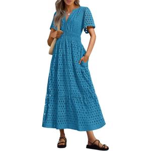 imagePRETTYGARDEN Womens 2025 Summer Maxi Dress Short Sleeve V Neck Hollow Out Eyelet A Line Long Flowy Beach Vacation DressesLake Blue