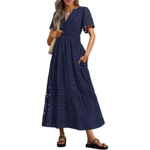 imagePRETTYGARDEN Womens 2025 Summer Maxi Dress Short Sleeve V Neck Hollow Out Eyelet A Line Long Flowy Beach Vacation DressesNavy