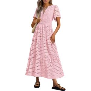 imagePRETTYGARDEN Womens 2025 Summer Maxi Dress Short Sleeve V Neck Hollow Out Eyelet A Line Long Flowy Beach Vacation DressesPink