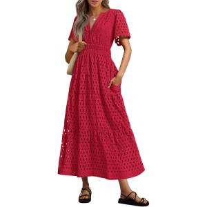 imagePRETTYGARDEN Womens 2025 Summer Maxi Dress Short Sleeve V Neck Hollow Out Eyelet A Line Long Flowy Beach Vacation DressesRed