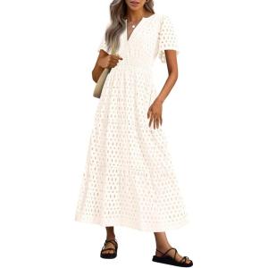 imagePRETTYGARDEN Womens 2025 Summer Maxi Dress Short Sleeve V Neck Hollow Out Eyelet A Line Long Flowy Beach Vacation DressesWhite