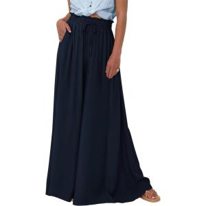imagePRETTYGARDEN Womens 2025 Summer Wide Leg Palazzo Pants High Waisted Flowy Pockets Trendy Casual Lounge Boho Beach TrousersNavy