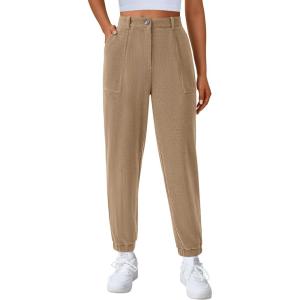 imagePRETTYGARDEN Womens Dressy Casual Pants Elastic High Waisted Work Office Corduroy Trouser Slacks with PocketsLight Khaki