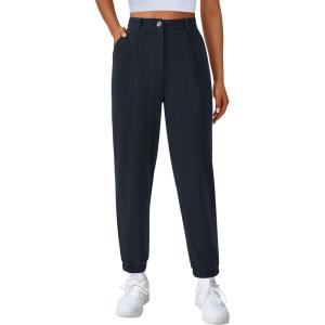 imagePRETTYGARDEN Womens Dressy Casual Pants Elastic High Waisted Work Office Corduroy Trouser Slacks with PocketsNavy