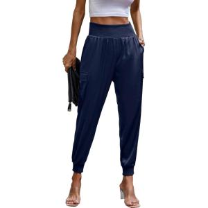 imagePRETTYGARDEN Womens Satin Jogger Pants Casual Dressy High Waist Long Lounge Pant Trousers Summer Outfits with PocketsNavy