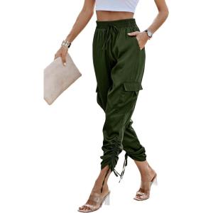 imagePRETTYGARDEN Womens Satin Jogger Pants Casual Dressy High Waist Long Lounge Pant Trousers Summer Outfits with PocketsZarmy Green