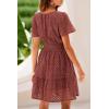 imagePRETTYGARDEN Womens 2025 Summer Short Dress V Neck Short Sleeve A Line Hollow Out Lace Ruffle Cute Casual Beach Party DressesBrown Red