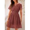 imagePRETTYGARDEN Womens 2025 Summer Short Dress V Neck Short Sleeve A Line Hollow Out Lace Ruffle Cute Casual Beach Party DressesBrown Red