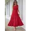 imagePRETTYGARDEN Womens Summer Floral Maxi Dress Knot One Shoulder Sleeveless Ruffle Flowy Boho Beach Wedding Guest DressesSolid Red