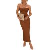 imagePRETTYGARDEN Womens Bodycon Long Dresses Summer Strapless Tube Twist Knot Front Ribbed Knit Maxi Cocktail Dress with SlitBrown