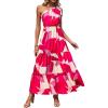 imagePRETTYGARDEN Womens Summer Floral Maxi Dress Knot One Shoulder Sleeveless Ruffle Flowy Boho Beach Wedding Guest DressesRed White Block
