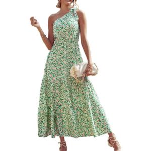 imagePRETTYGARDEN Womens Summer Floral Maxi Dress Knot One Shoulder Sleeveless Ruffle Flowy Boho Beach Wedding Guest DressesGreen White