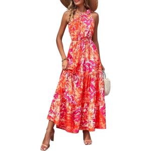 imagePRETTYGARDEN Womens Summer Floral Maxi Dress Knot One Shoulder Sleeveless Ruffle Flowy Boho Beach Wedding Guest DressesOrange Rose Red Big Floral