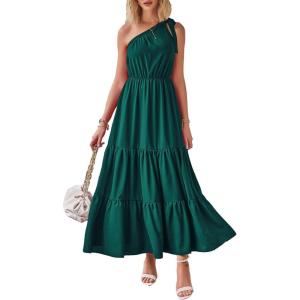 imagePRETTYGARDEN Womens Summer Floral Maxi Dress Knot One Shoulder Sleeveless Ruffle Flowy Boho Beach Wedding Guest DressesSolid Dark Green