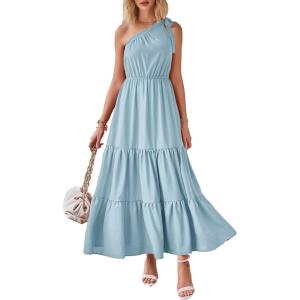 imagePRETTYGARDEN Womens Summer Floral Maxi Dress Knot One Shoulder Sleeveless Ruffle Flowy Boho Beach Wedding Guest DressesSolid Light Blue