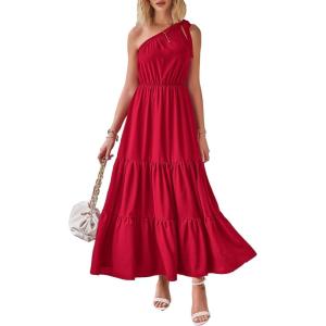 imagePRETTYGARDEN Womens Summer Floral Maxi Dress Knot One Shoulder Sleeveless Ruffle Flowy Boho Beach Wedding Guest DressesSolid Red