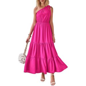 imagePRETTYGARDEN Womens Summer Floral Maxi Dress Knot One Shoulder Sleeveless Ruffle Flowy Boho Beach Wedding Guest DressesSolid Rose Red
