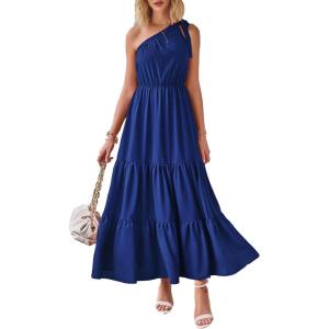 imagePRETTYGARDEN Womens Summer Floral Maxi Dress Knot One Shoulder Sleeveless Ruffle Flowy Boho Beach Wedding Guest DressesSolid Royal Blue