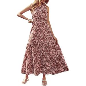 imagePRETTYGARDEN Womens Summer Floral Maxi Dress Knot One Shoulder Sleeveless Ruffle Flowy Boho Beach Wedding Guest DressesWine Red