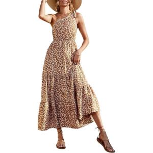 imagePRETTYGARDEN Womens Summer Floral Maxi Dress Knot One Shoulder Sleeveless Ruffle Flowy Boho Beach Wedding Guest DressesYellow White