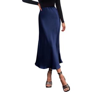 imagePRETTYGARDEN Womens Summer Midi Satin Skirt Dressy Casual High Waisted A Line Flowy Ruffle Elegant Party SkirtsNavy