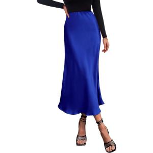 imagePRETTYGARDEN Womens Summer Midi Satin Skirt Dressy Casual High Waisted A Line Flowy Ruffle Elegant Party SkirtsRoyal Blue